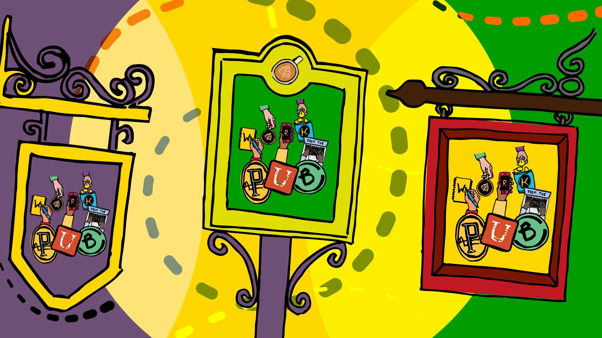 Three pub signs with the Work from the Pub logo displayed